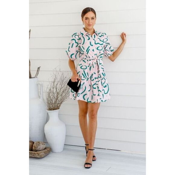 YH & CO Puffed Sleeve Pink and White Dress Size 10/M - Picture 1 of 9